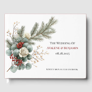 Winter Floral Red White Christmas Rose Wedding  Guest Book