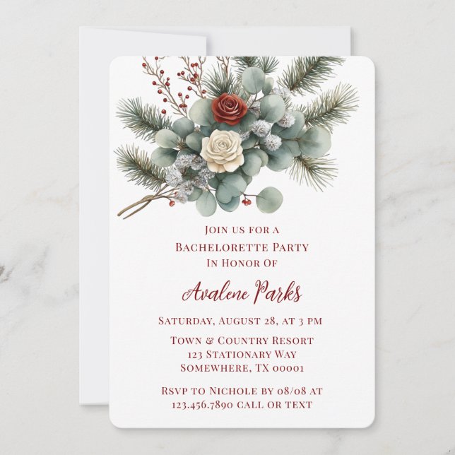 Winter Floral Red White Rose Bachelorette Party Invitation (Front)