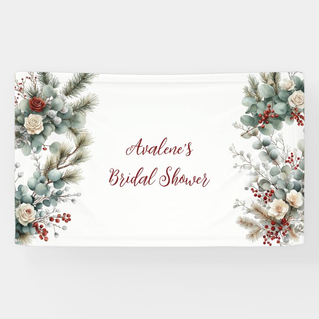 Winter Floral Red White Rose Bridal Shower Banner (Horizontal)