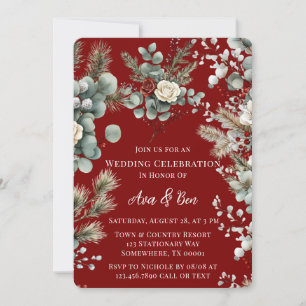 Winter Floral Red White Rose Wedding Invitation