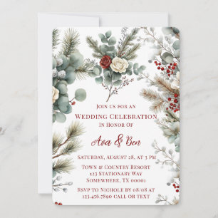 Winter Floral Red White Rose Wedding Invitation