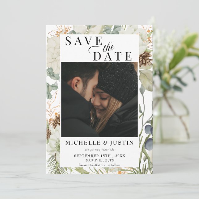 Winter Floral | Rustic Photo Wedding Save The Date (Standing Front)