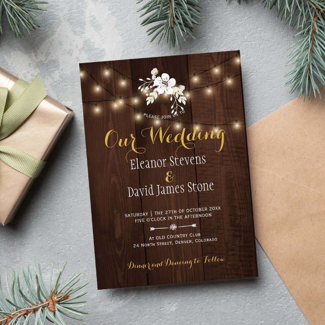 Winter Floral Rustic Wedding | Brown White Gold Invitation (Creator Uploaded)