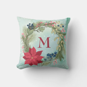 Winter floral rustic wreath poinsettia monogram th cushion