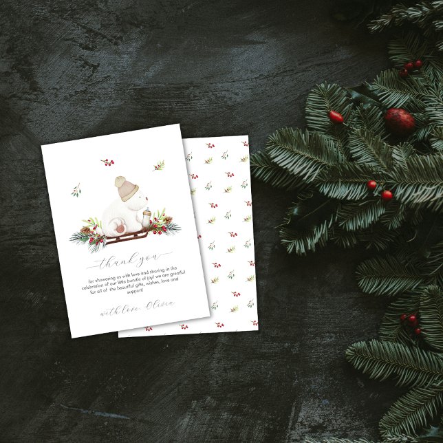 Winter Floral Sleigh Polar Bear Baby Shower  Thank You Card (Winter Floral Sleigh Polar Bear Baby Shower Thank You Card)
