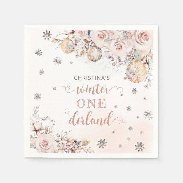 Winter Floral Snowflake ONEderland 1st Birthday Napkin (Front)