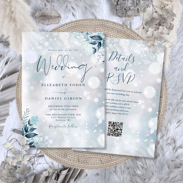 Winter Floral Snowflakes QR Code Wedding Invitation (Winter Floral Snowflakes QR Code Wedding Invitation)