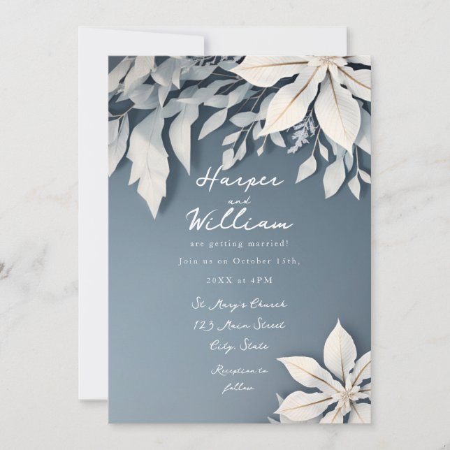 Winter floral snowy white and icy blue wedding invitation (Front)