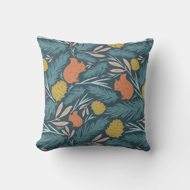 Winter Floral Squirrel Pinecone Christmas Decor Cushion (Front)