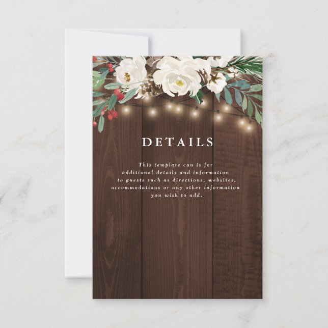 winter floral string lights wedding details card (Front)