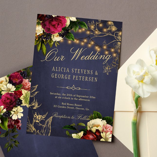 Winter floral twinkle lights navy chalkboard invitation (Creator Uploaded)