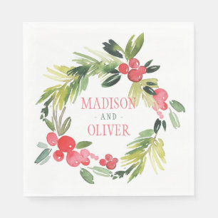 Winter Floral Watercolor Wreath    Wedding Napkin