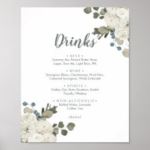 Winter Floral Wedding Drinks Menu Sign