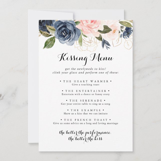 Winter Floral Wedding Kissing Menu Game Card (Front)