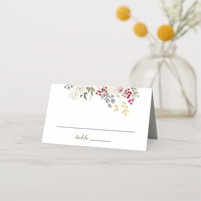 Winter Floral White Roses Red Berries Wedding Place Card (Front)