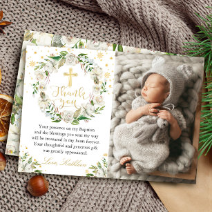 Winter Floral Wreath Baptism Photo Thank you Card
