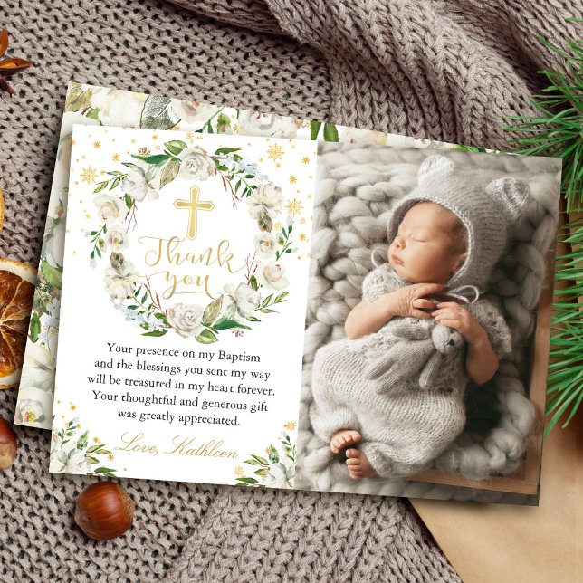 Winter Floral Wreath Baptism Photo Thank you Card (Creator Uploaded)
