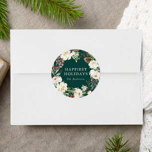 Winter Floral Wreath Green Personalised Holiday Classic Round Sticker
