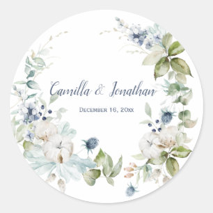 Winter Floral Wreath in Dusty Blue and Sage Green Classic Round Sticker