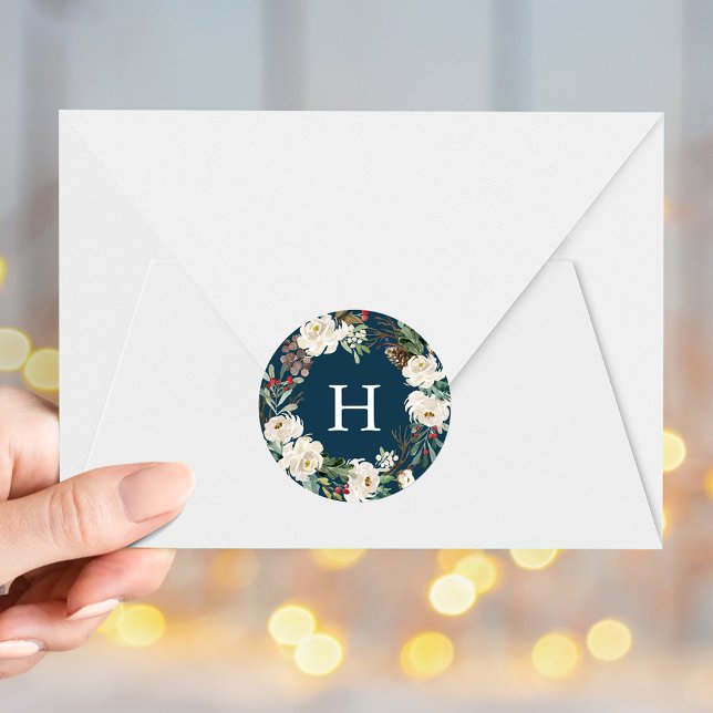Winter Floral Wreath Navy Monogram Holiday Classic Round Sticker (Creator Uploaded)