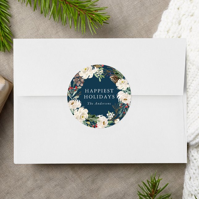 Winter Floral Wreath Navy Personalised Holiday Classic Round Sticker (Creator Uploaded)