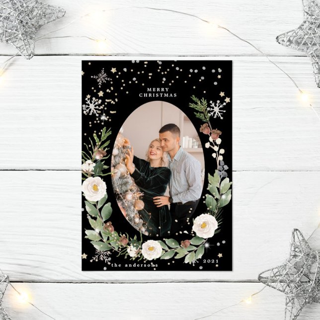 Winter Floral Wreath Photo Happy Holiday Card (Creator Uploaded)