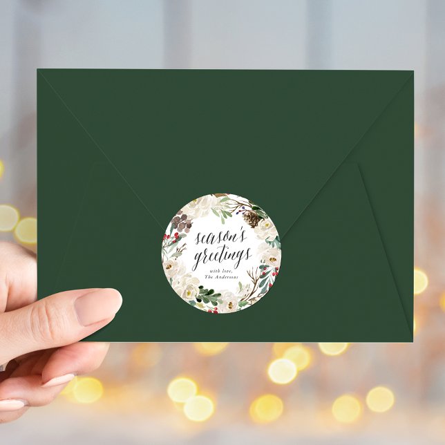 Winter Floral Wreath Season's Greetings Holiday Classic Round Sticker (Creator Uploaded)