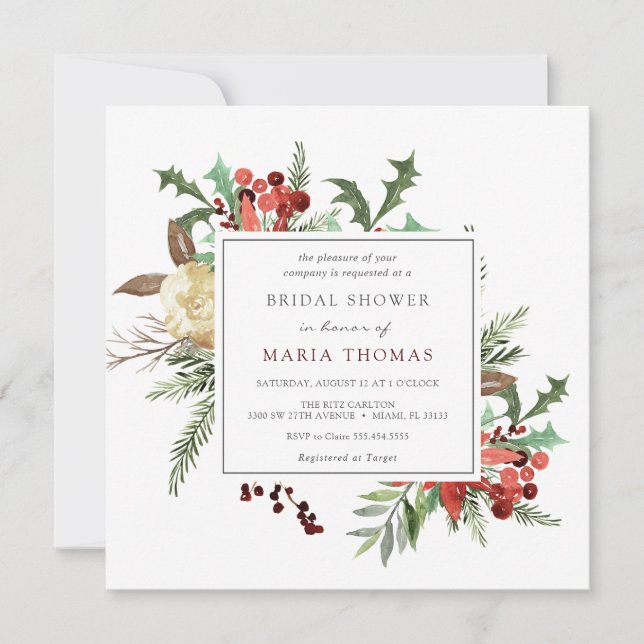 Winter Florals and Evergreen Bridal Shower Invitation (Front)