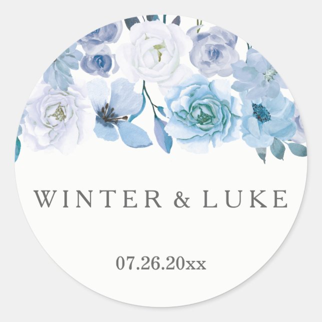 Winter Florals: Blue White Wedding Favours Classic Round Sticker (Front)