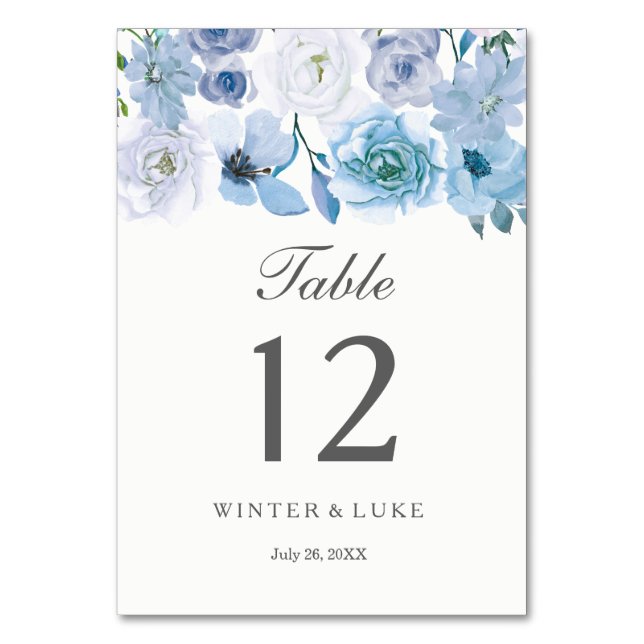 Winter Florals: Blue White Wedding Table Number (Front)