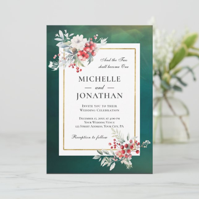 Winter Florals Frame on Green Christian Wedding Invitation (Standing Front)