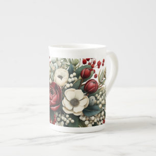 Winter Florals Green Red White Enlarged Bone China Mug