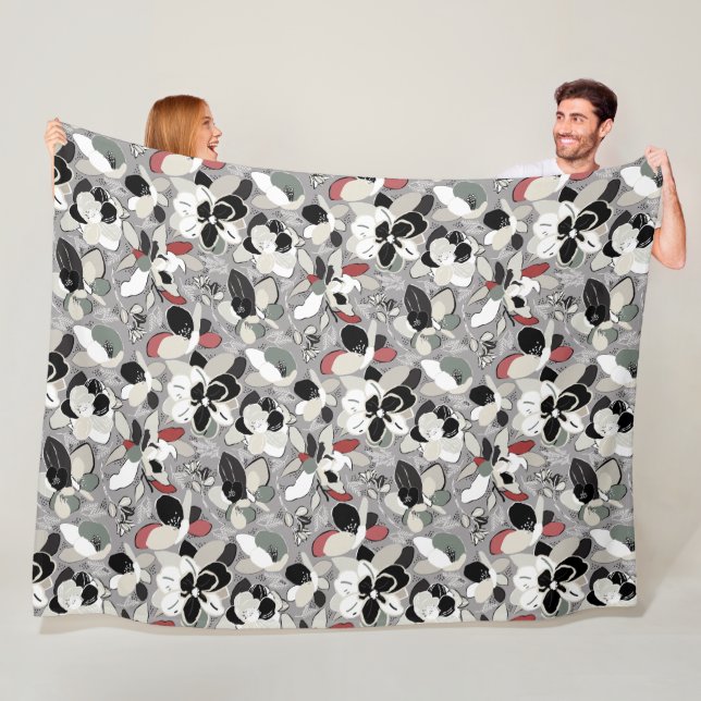 Winter Florals Grey Black Fleece Blanket (In Situ)