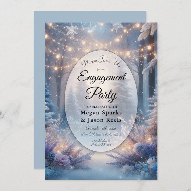 Winter Florals in Frosted Pines Engagement Party Invitation (Front/Back)