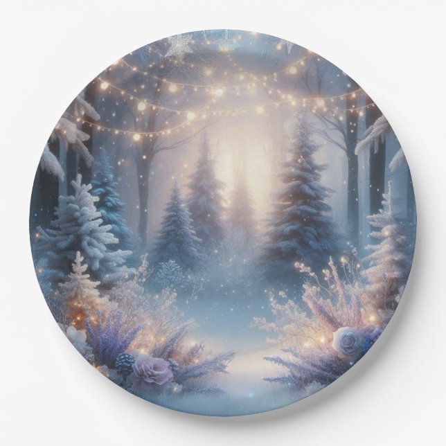 Winter Florals in Frosted Pines Paper Plates (Front)