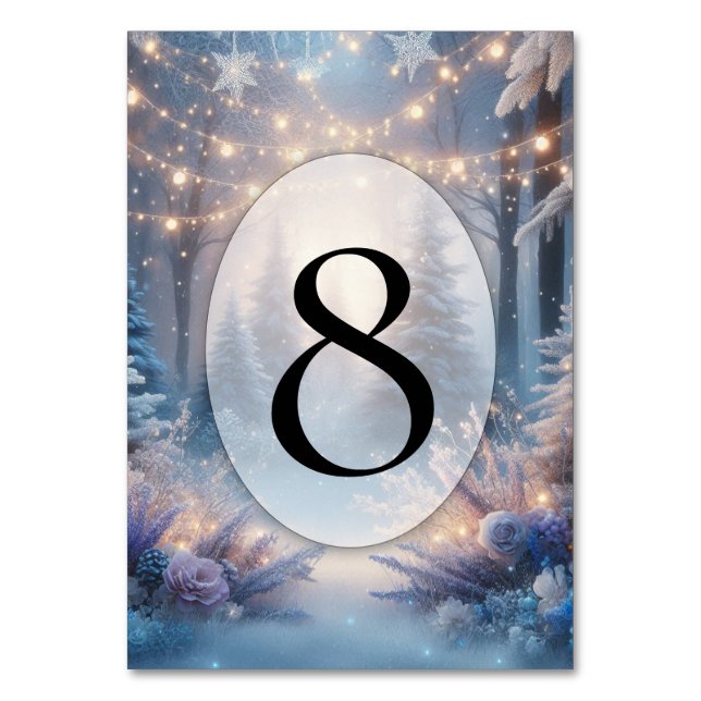 Winter Florals in Frosted Pines Wedding Table Number (Front)