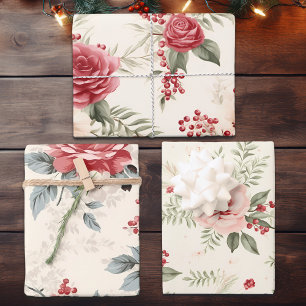 Winter Florals in Pink Red and White, Christmas  Wrapping Paper Sheet