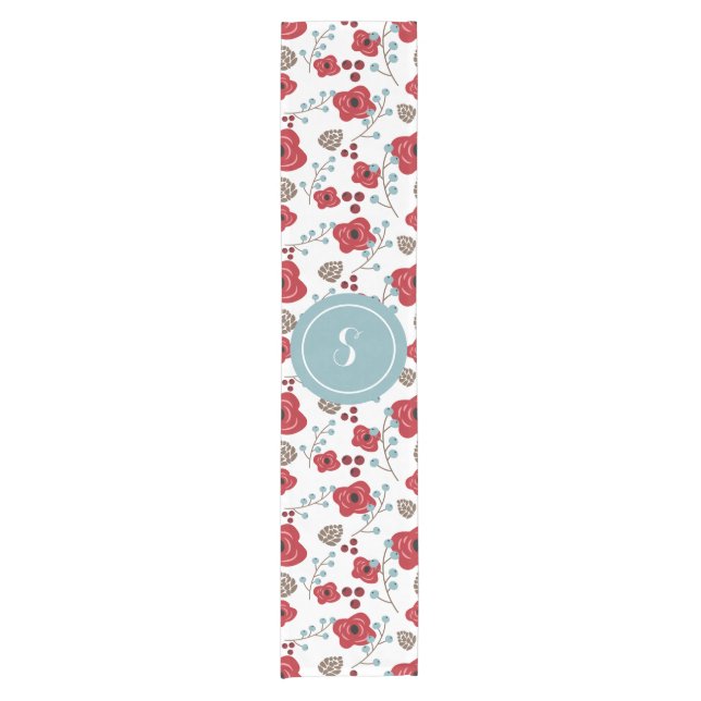 Winter Florals Poppies and Berries Monogram Short Table Runner (Front)