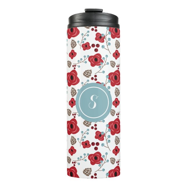 Winter Florals Poppies and Berries Monogram Thermal Tumbler (Front)