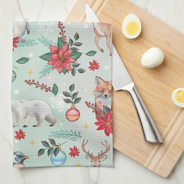 Winter Florest Animals Christmas Pattern Tea Towel (Quarter Fold)