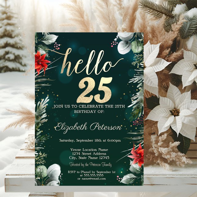 Winter Flower Poinsettia Green 25th Birthday Invitation (Creator Uploaded)
