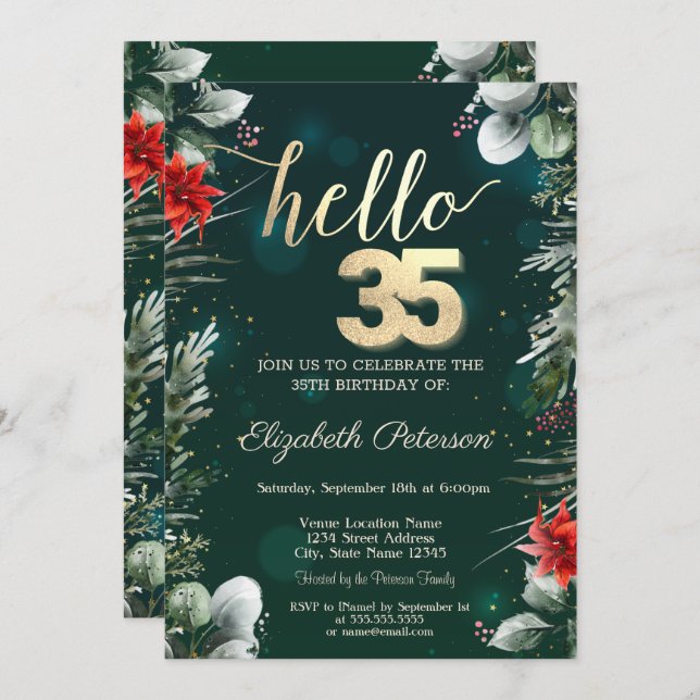 Winter Flower Poinsettia Green 35th Birthday Invitation (Front/Back)