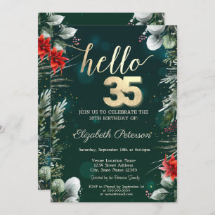 Winter Flower Poinsettia Green 35th Birthday Invitation
