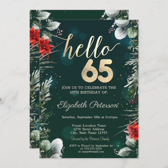 Winter Flower Poinsettia Green 65th Birthday Invitation (Front/Back)