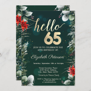 Winter Flower Poinsettia Green 65th Birthday Invitation