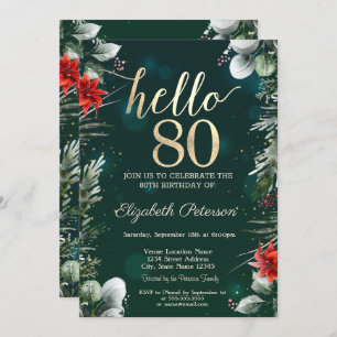 Winter Flower Poinsettia Green 80th Birthday Invitation