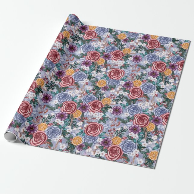 Winter Flower Yule Christmas Wrapping Paper (Unrolled)