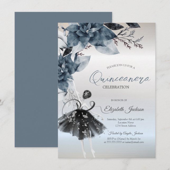  Winter Flowers Ballerina Silver Quinceanera Invitation (Front/Back)