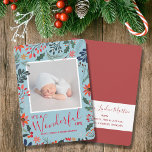 Winter Flowers Christmas Photo Birth Announcements<br><div class="desc">Stylish, modern watercolor winter flowers - poinsettias, berries and leaves surround your favourite newborn baby photo. Your baby's information on the back and It's A Wonderful Life and your names on the front in chic lettering - change the saying, change the fonts, font colours, even the background colour! Add more...</div>