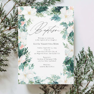 Winter Flowers Elegant Wreath Poinsettia Baptism Invitation